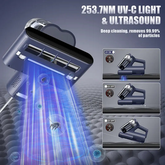 Powerful Mattress Vacuum Cleaner – 600W Suction, UV-C Light, Hot Air & HEPA, Deep Clean for Bed, Sofa & Carpet