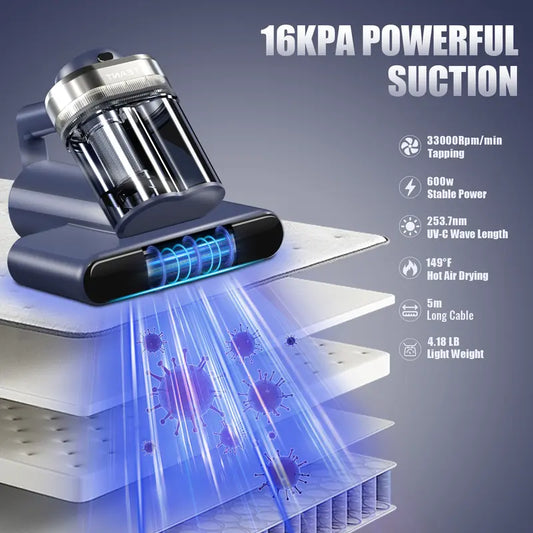 Powerful Mattress Vacuum Cleaner – 600W Suction, UV-C Light, Hot Air & HEPA, Deep Clean for Bed, Sofa & Carpet